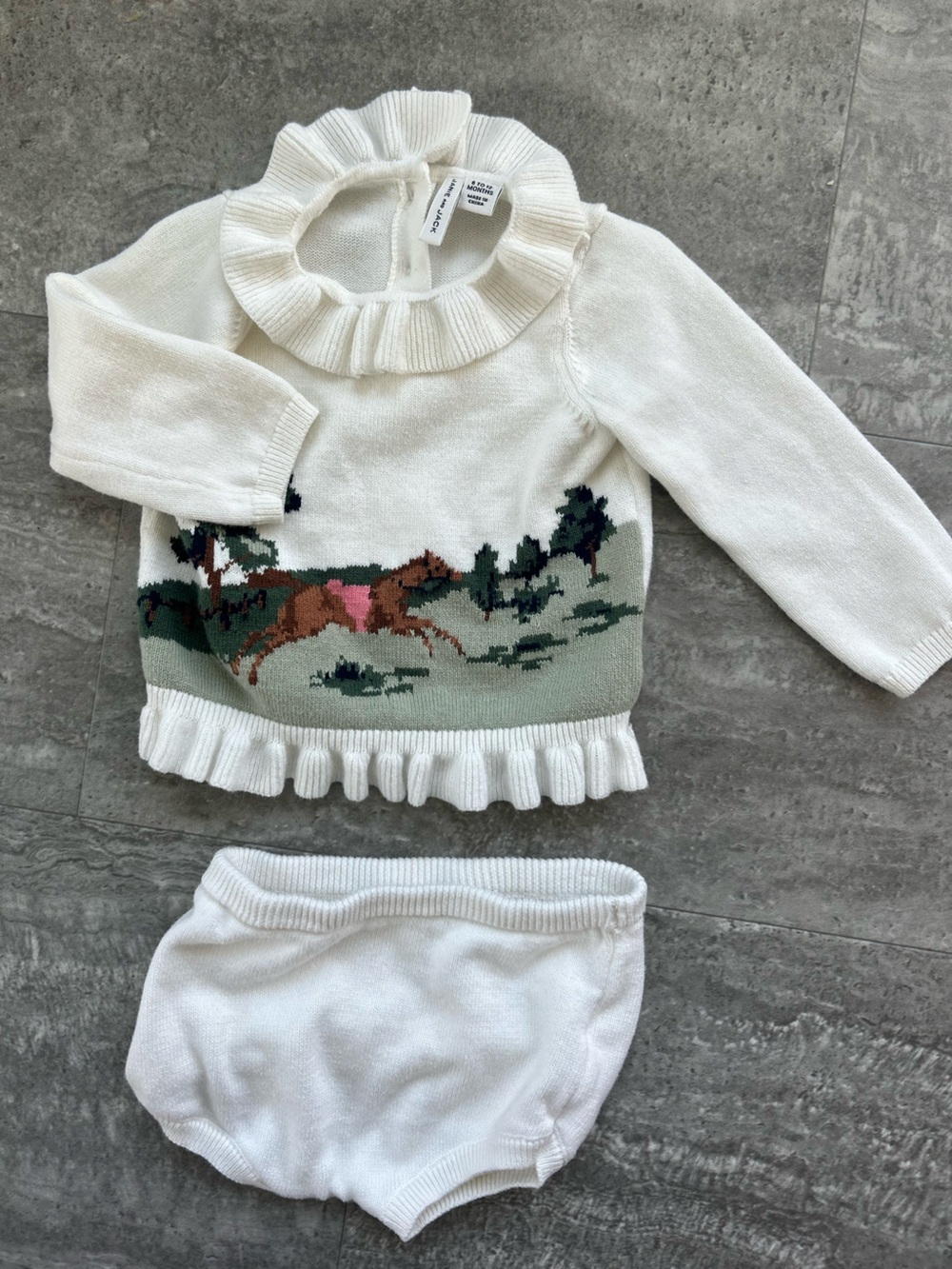 Janie and Jack Cream Sweater with Horse Scene and Ruffle Trim